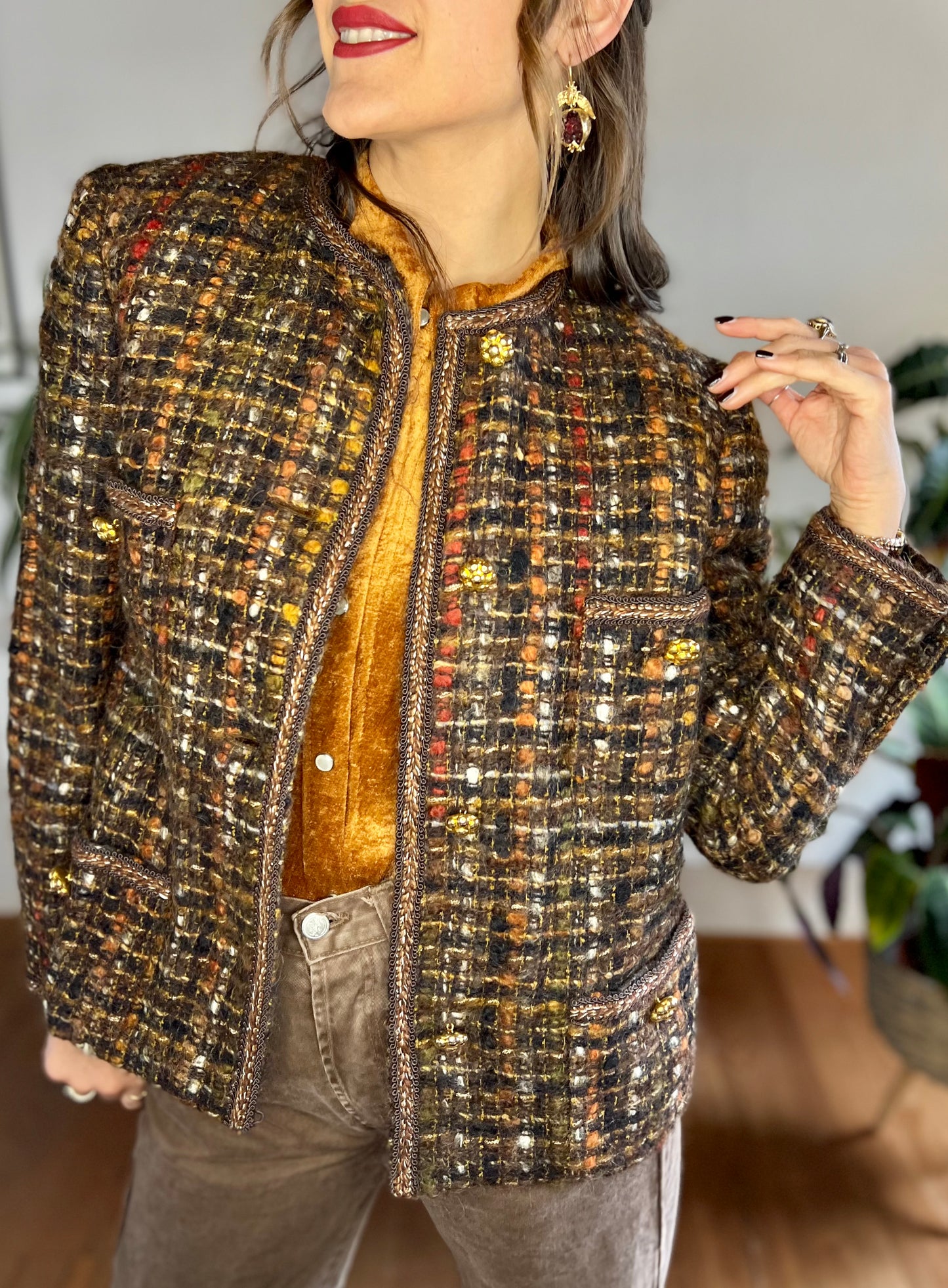 1970's vintage brown, orange and red boucle wool with brass flower buttons