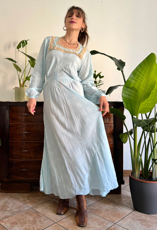 1950's vintage light blue satin maxi dress with pink and white delicate floral print