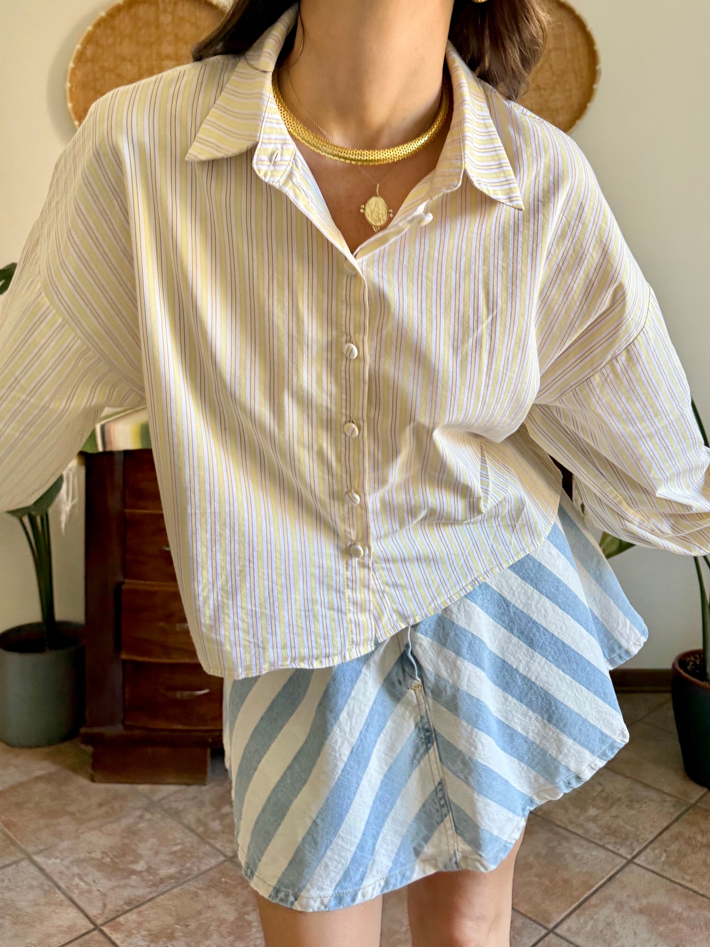 Butter yellow, cream and lavender vertical stripe cropped shirt