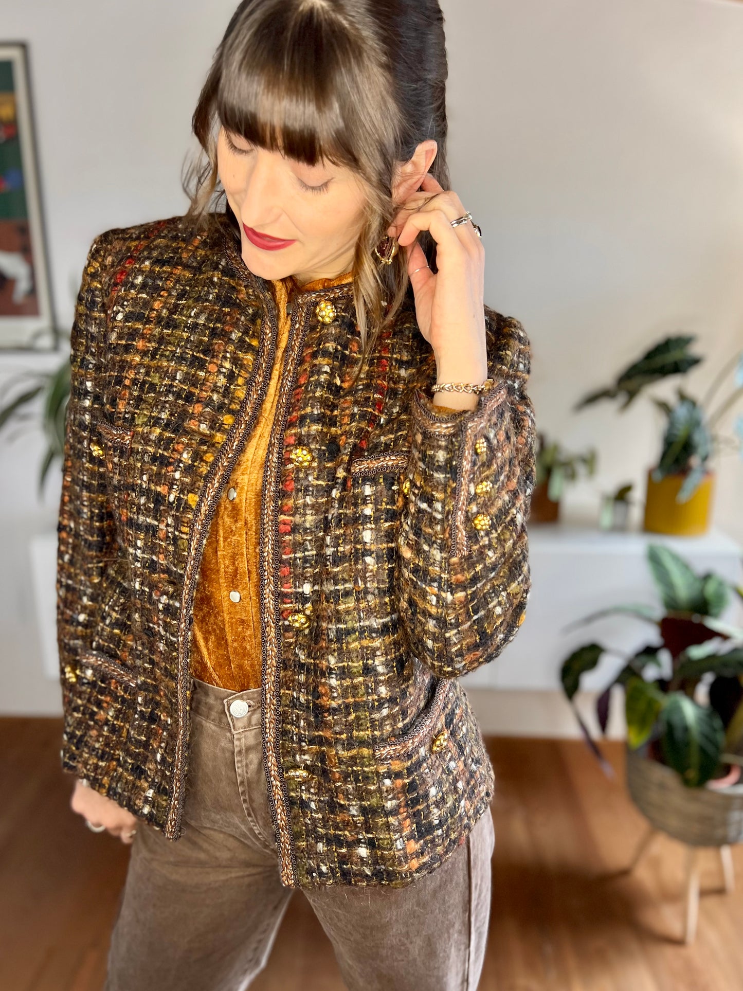 1970's vintage brown, orange and red boucle wool with brass flower buttons