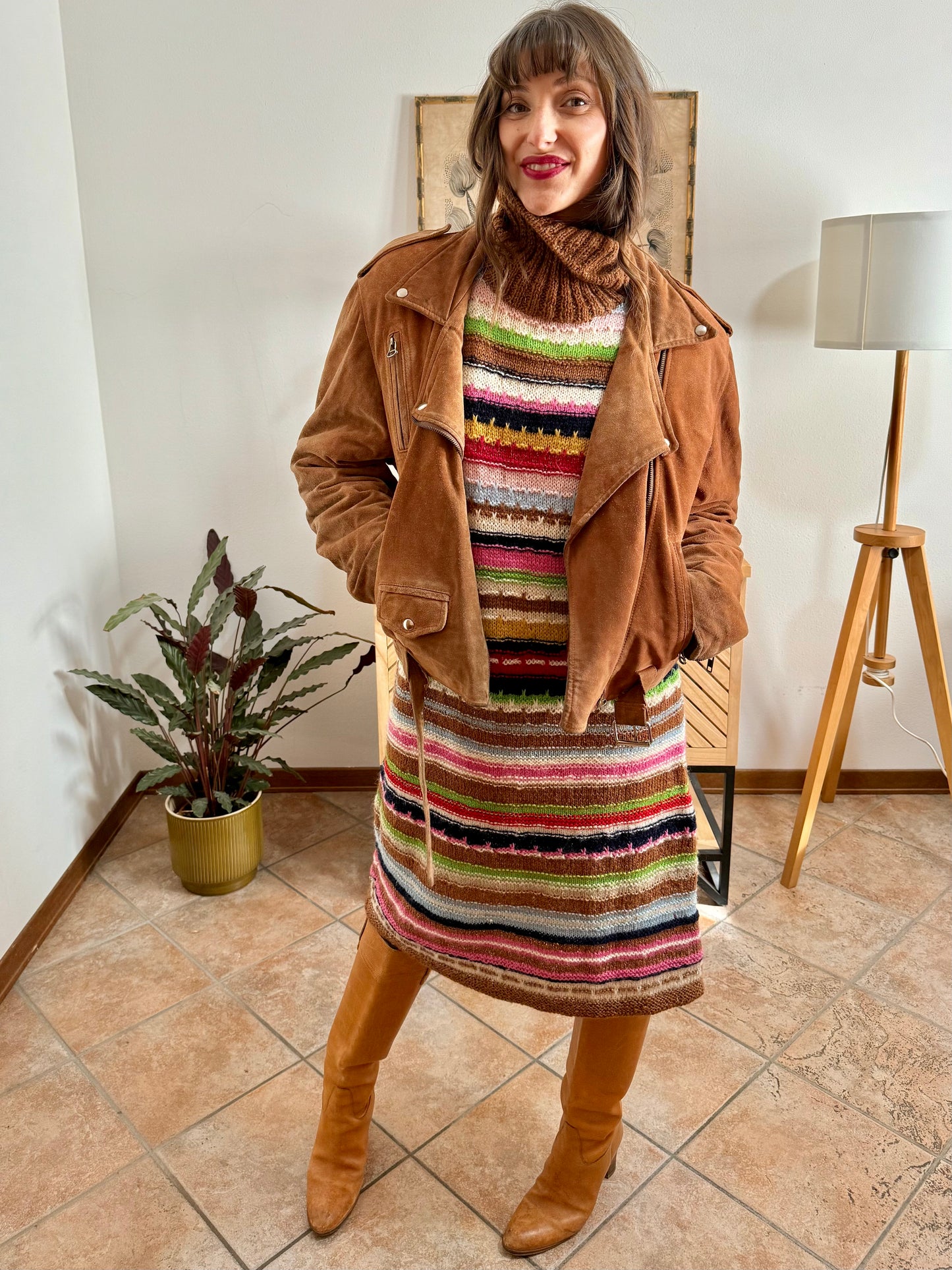 1970's vintage brown suede leather moto jacket with quilted lining