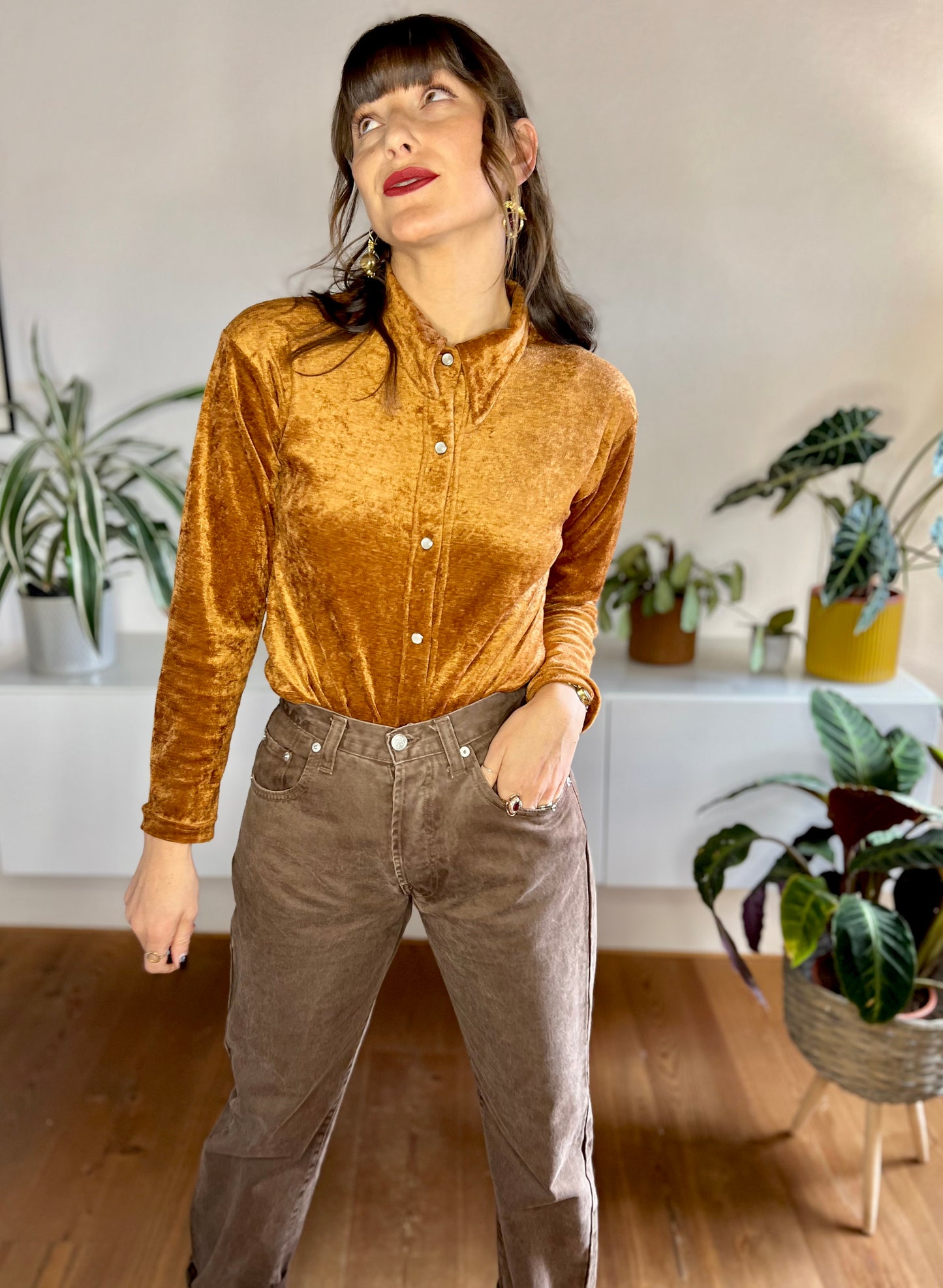 1970's vintage burnt orange velvet blouse with pearl snaps