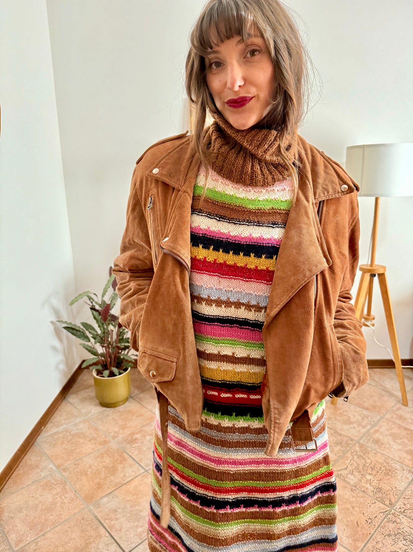 1970's vintage brown suede leather moto jacket with quilted lining