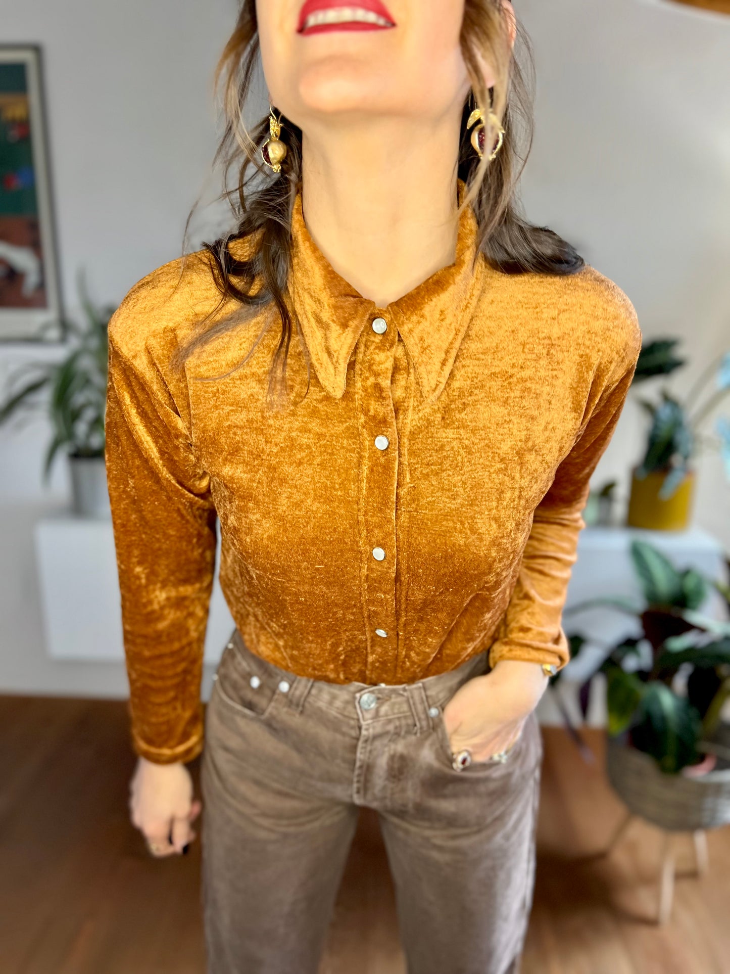 1970's vintage burnt orange velvet blouse with pearl snaps