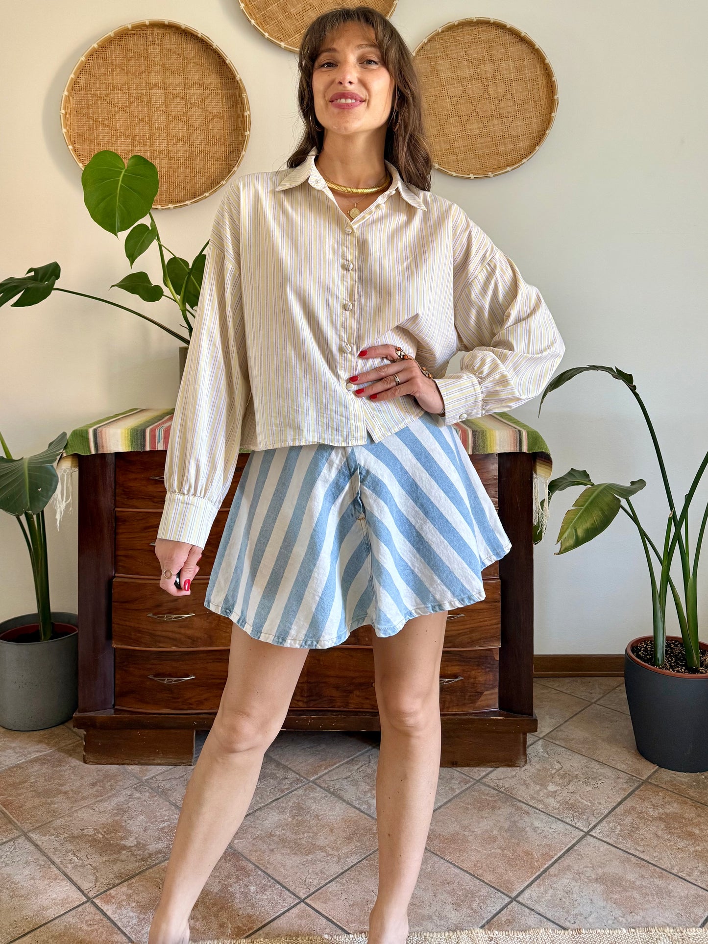 Butter yellow, cream and lavender vertical stripe cropped shirt