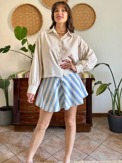 Butter yellow, cream and lavender vertical stripe cropped shirt