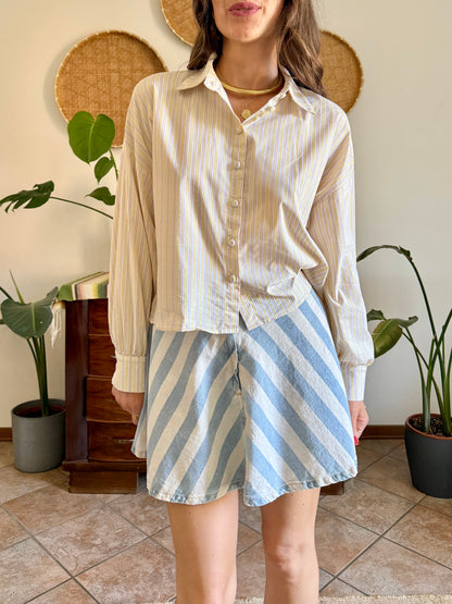 Butter yellow, cream and lavender vertical stripe cropped shirt