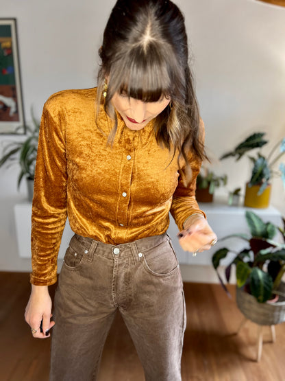 1970's vintage burnt orange velvet blouse with pearl snaps