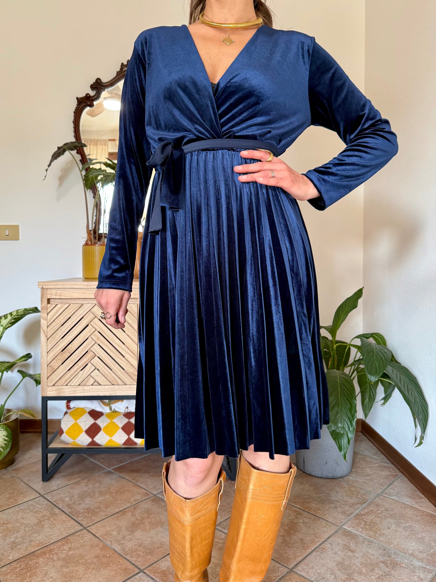 1990's vintage cobalt blue velvet pleated midi dress