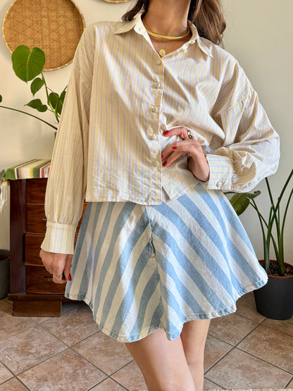 Butter yellow, cream and lavender vertical stripe cropped shirt