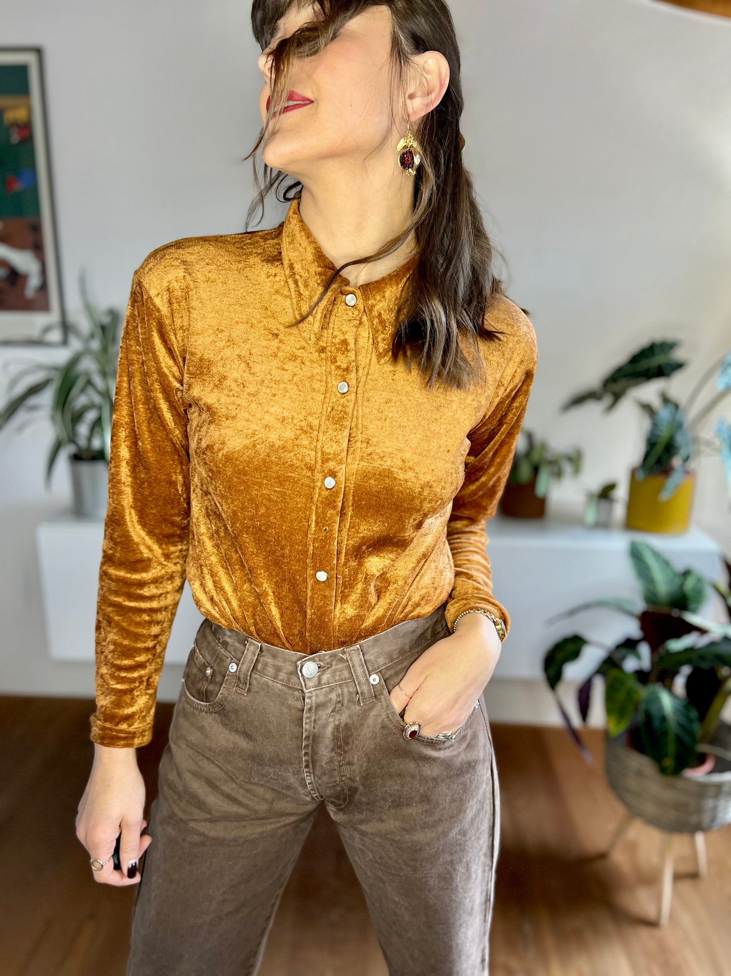 1970's vintage burnt orange velvet blouse with pearl snaps