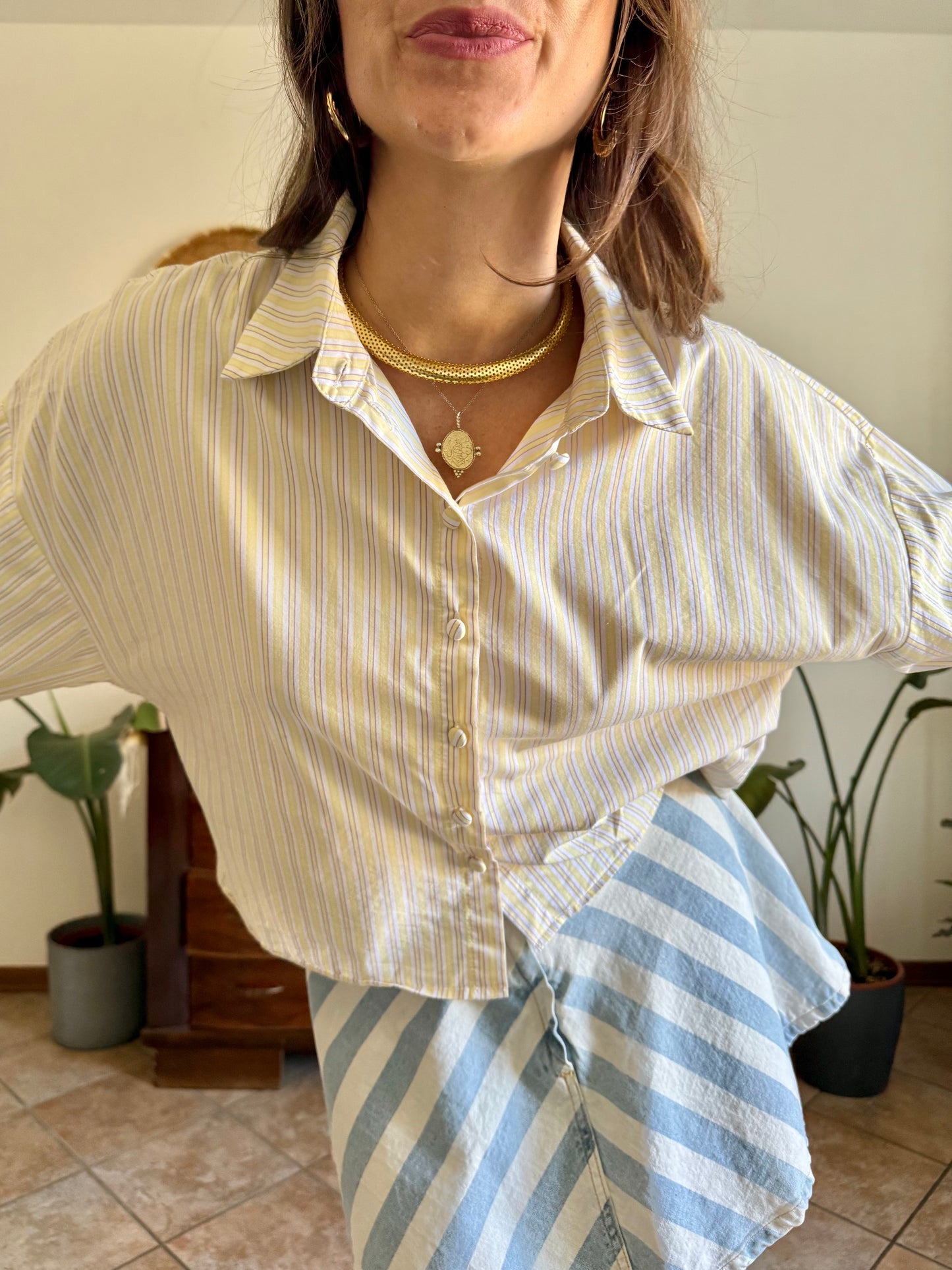 Butter yellow, cream and lavender vertical stripe cropped shirt