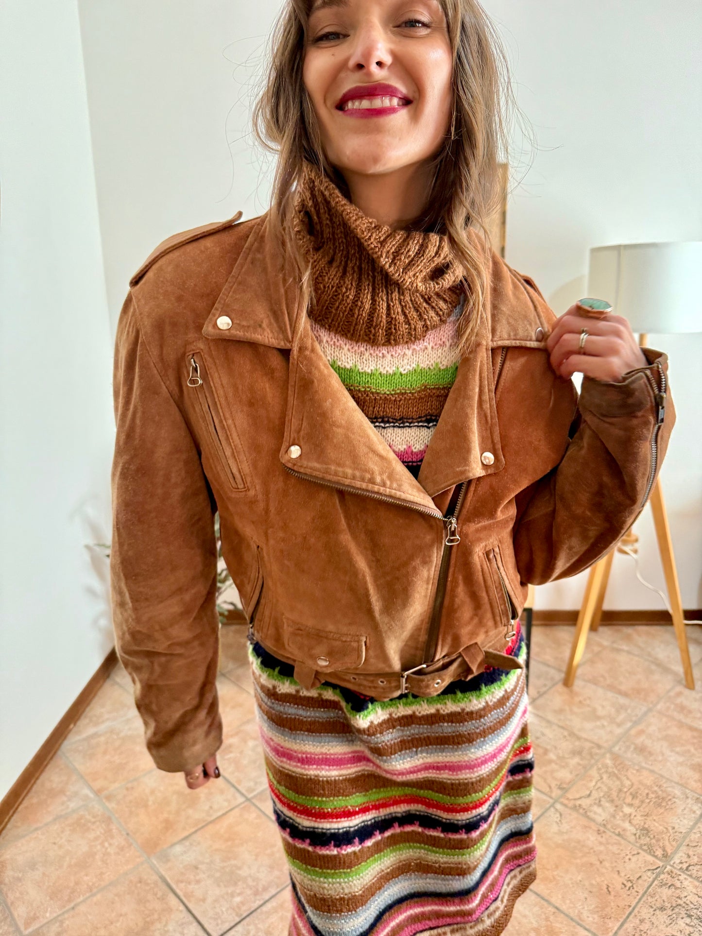 1970's vintage brown suede leather moto jacket with quilted lining