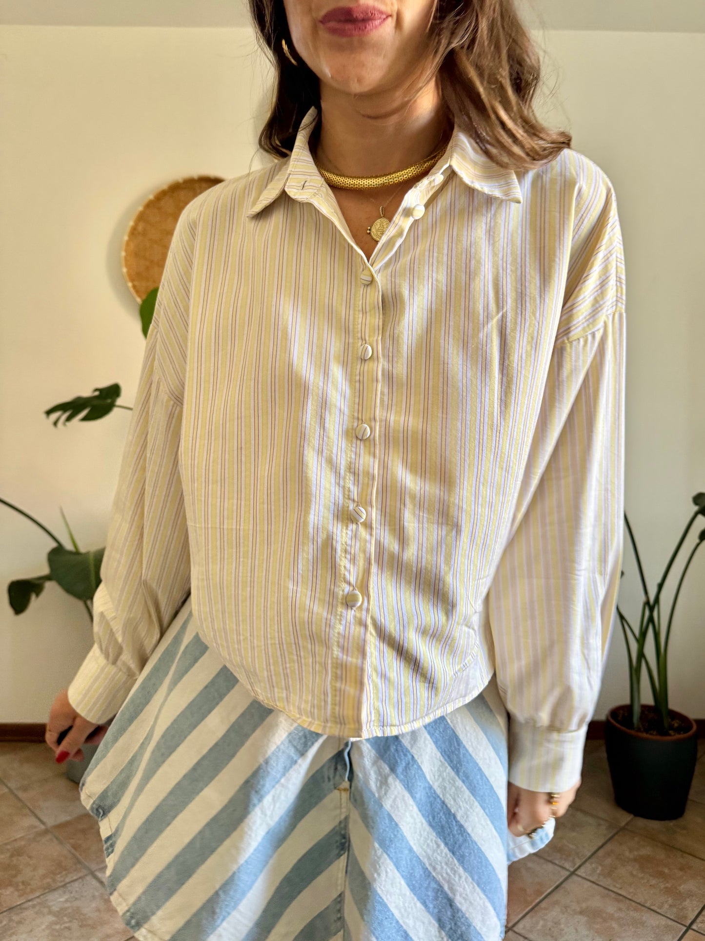Butter yellow, cream and lavender vertical stripe cropped shirt