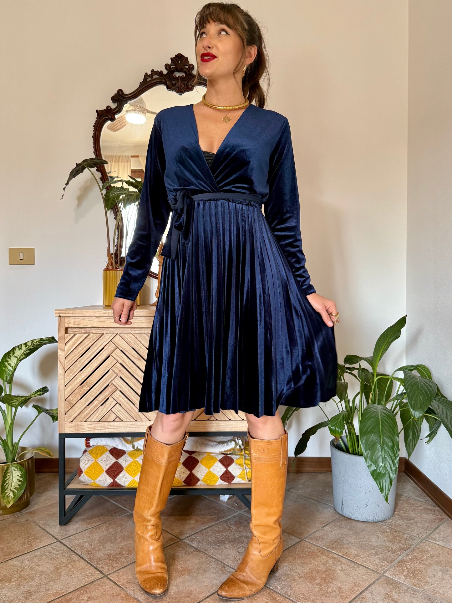 1990's vintage cobalt blue velvet pleated midi dress