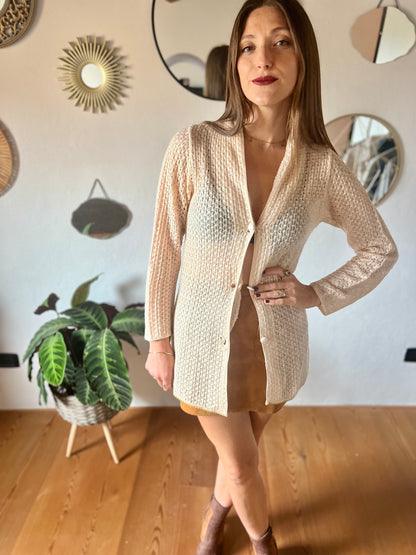 1970's vintage crocheted cream cardigan with sequin trim