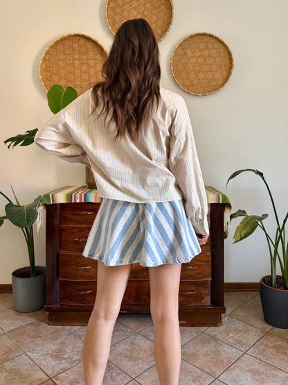 Butter yellow, cream and lavender vertical stripe cropped shirt