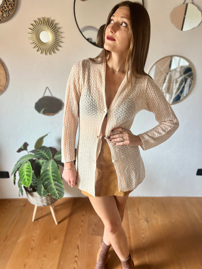 1970's vintage crocheted cream cardigan with sequin trim