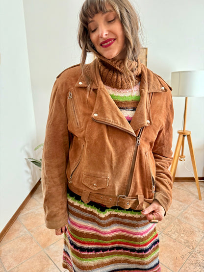 1970's vintage brown suede leather moto jacket with quilted lining