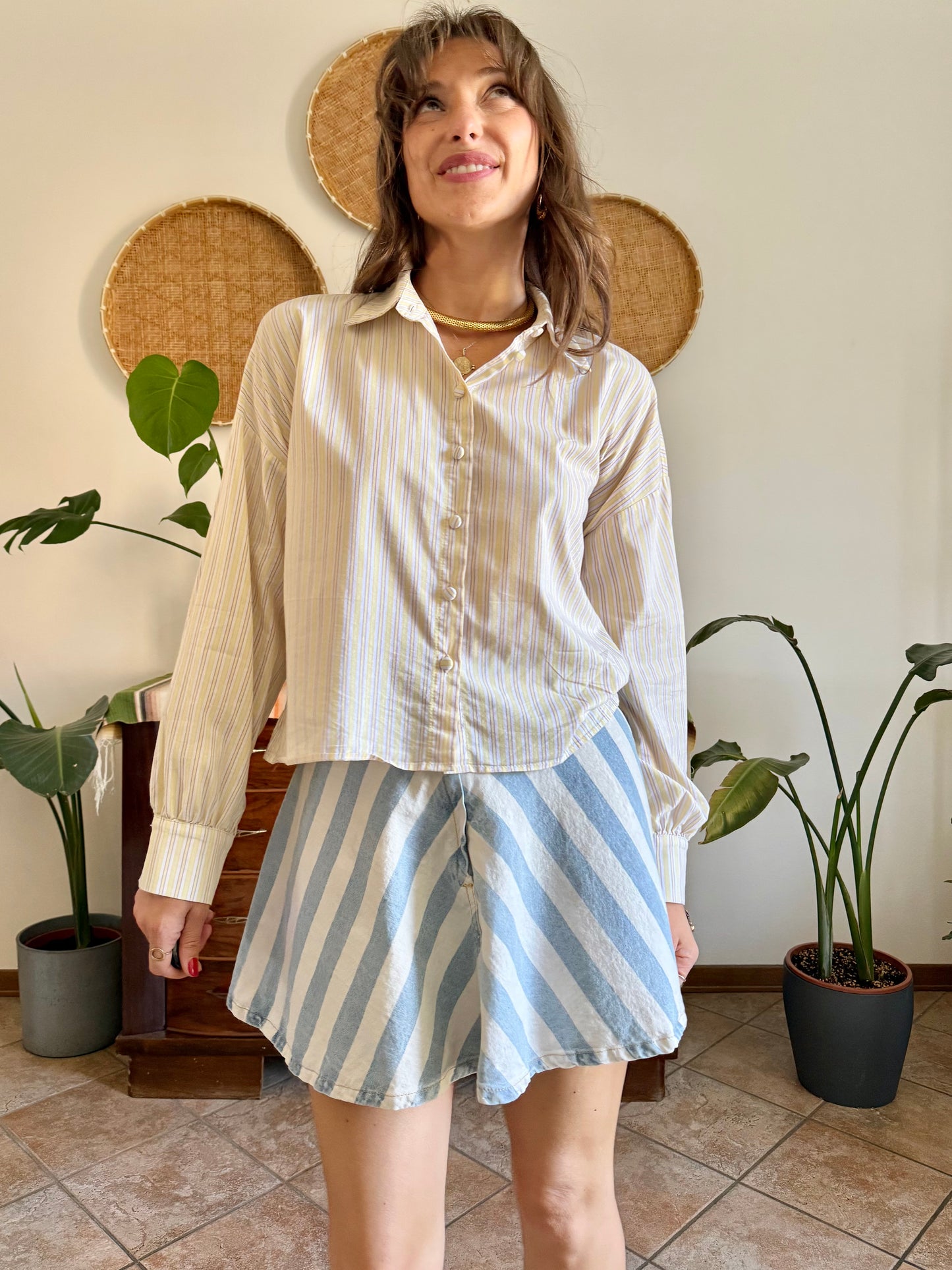 Butter yellow, cream and lavender vertical stripe cropped shirt