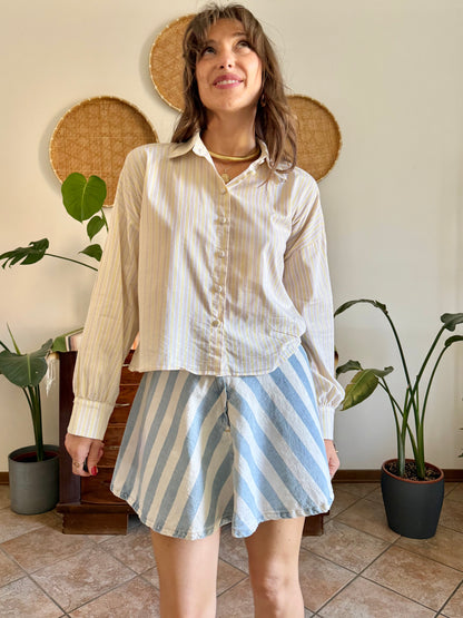 Butter yellow, cream and lavender vertical stripe cropped shirt