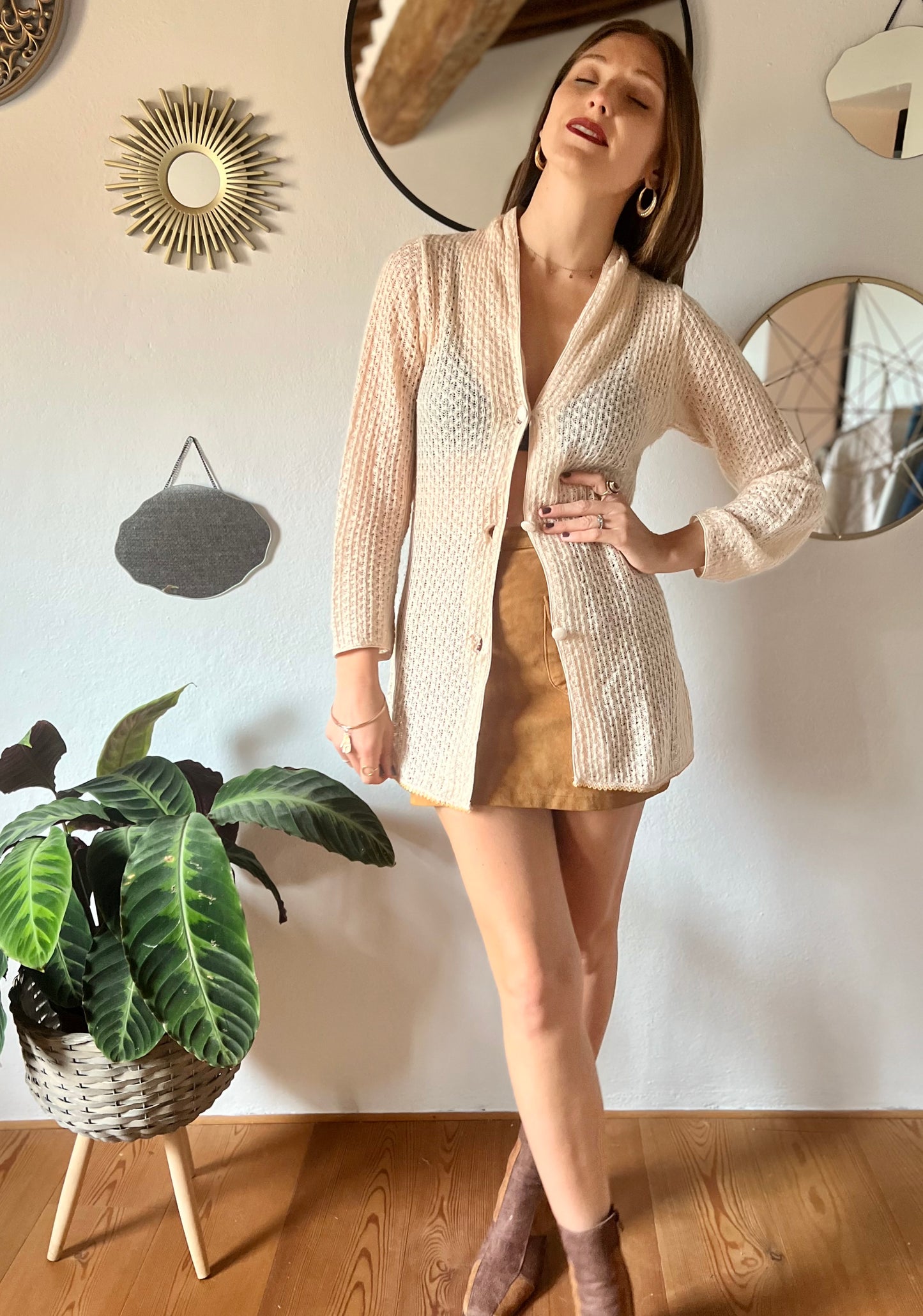 1970's vintage crocheted cream cardigan with sequin trim