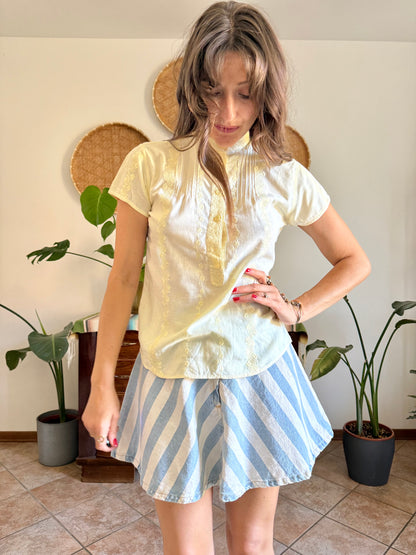 1970's vintage butter yellow floral crochet and embroidered shirt