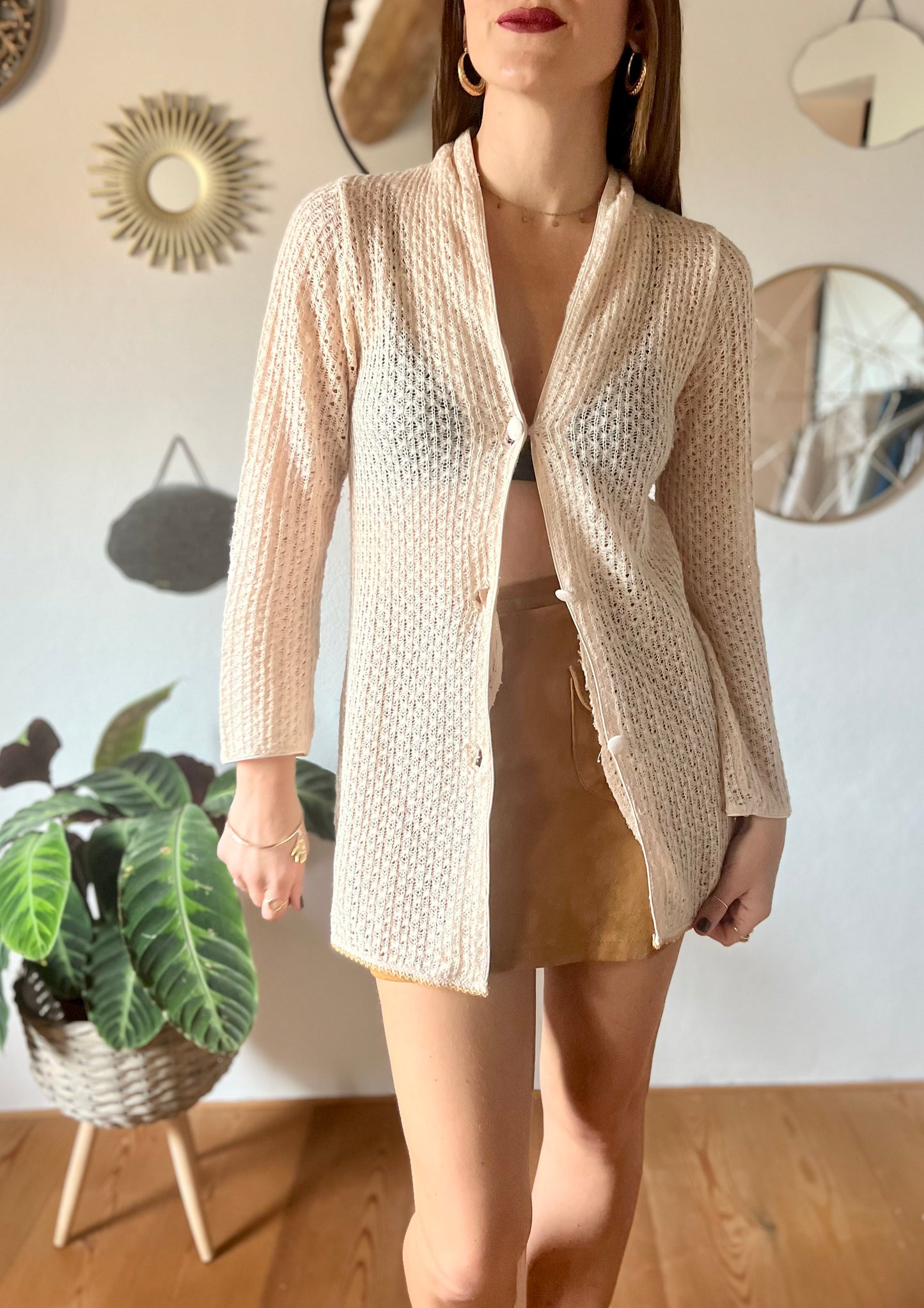 1970's vintage crocheted cream cardigan with sequin trim