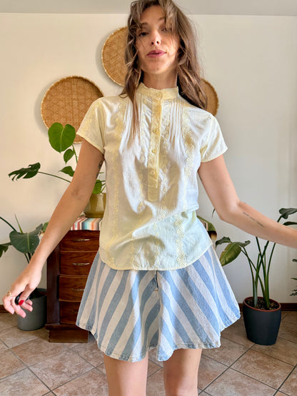 1970's vintage butter yellow floral crochet and embroidered shirt