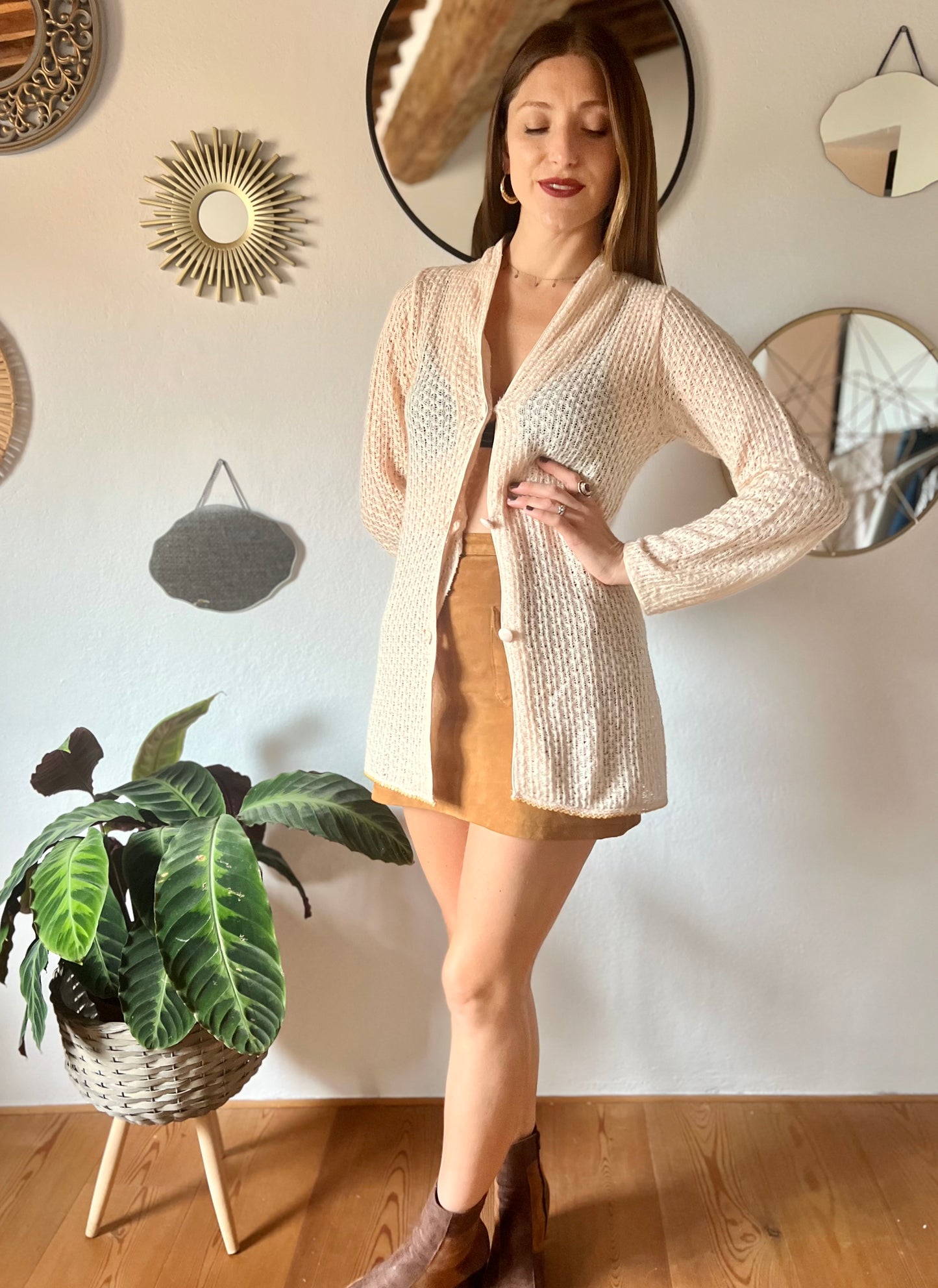 1970's vintage crocheted cream cardigan with sequin trim