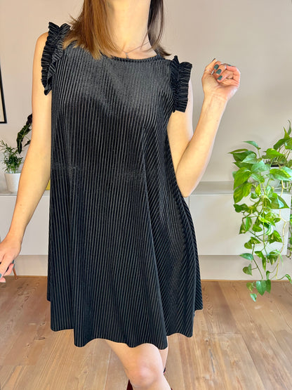 1970's vintage semi sheer stripe black velvet mini dress with ruffle cap sleeves