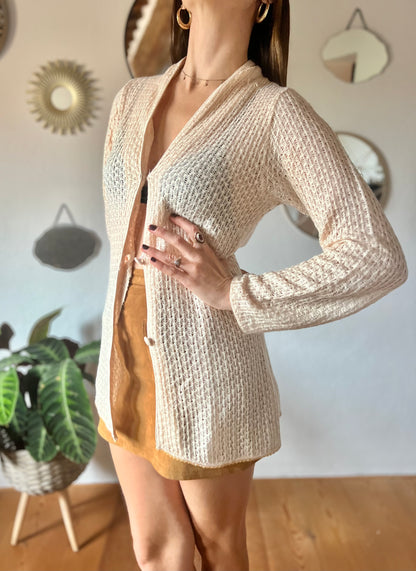 1970's vintage crocheted cream cardigan with sequin trim