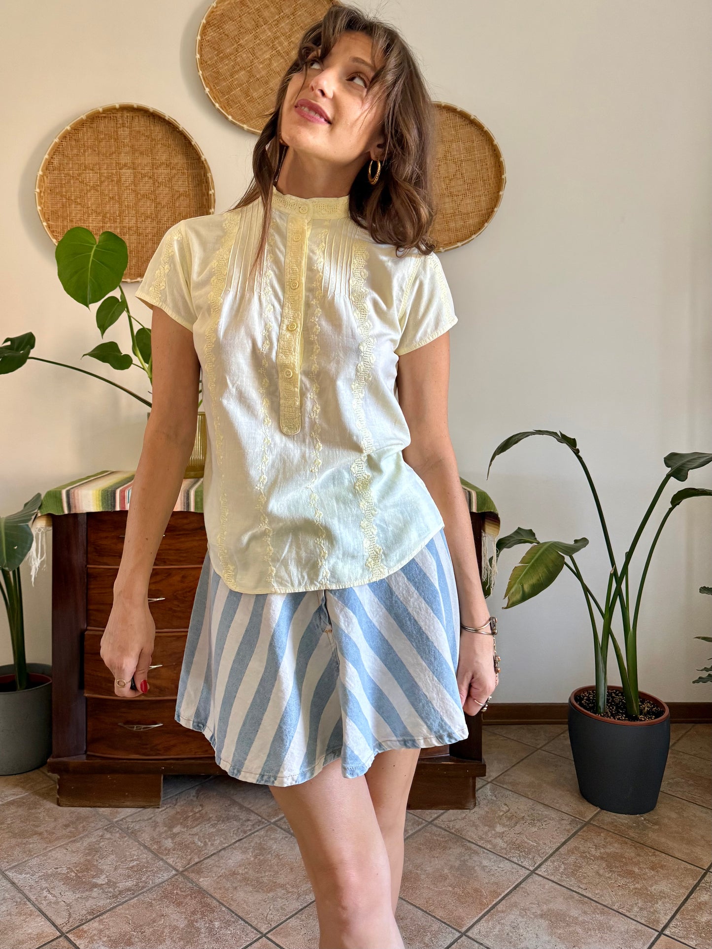 1970's vintage butter yellow floral crochet and embroidered shirt