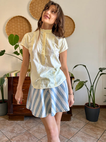 1970's vintage butter yellow floral crochet and embroidered shirt