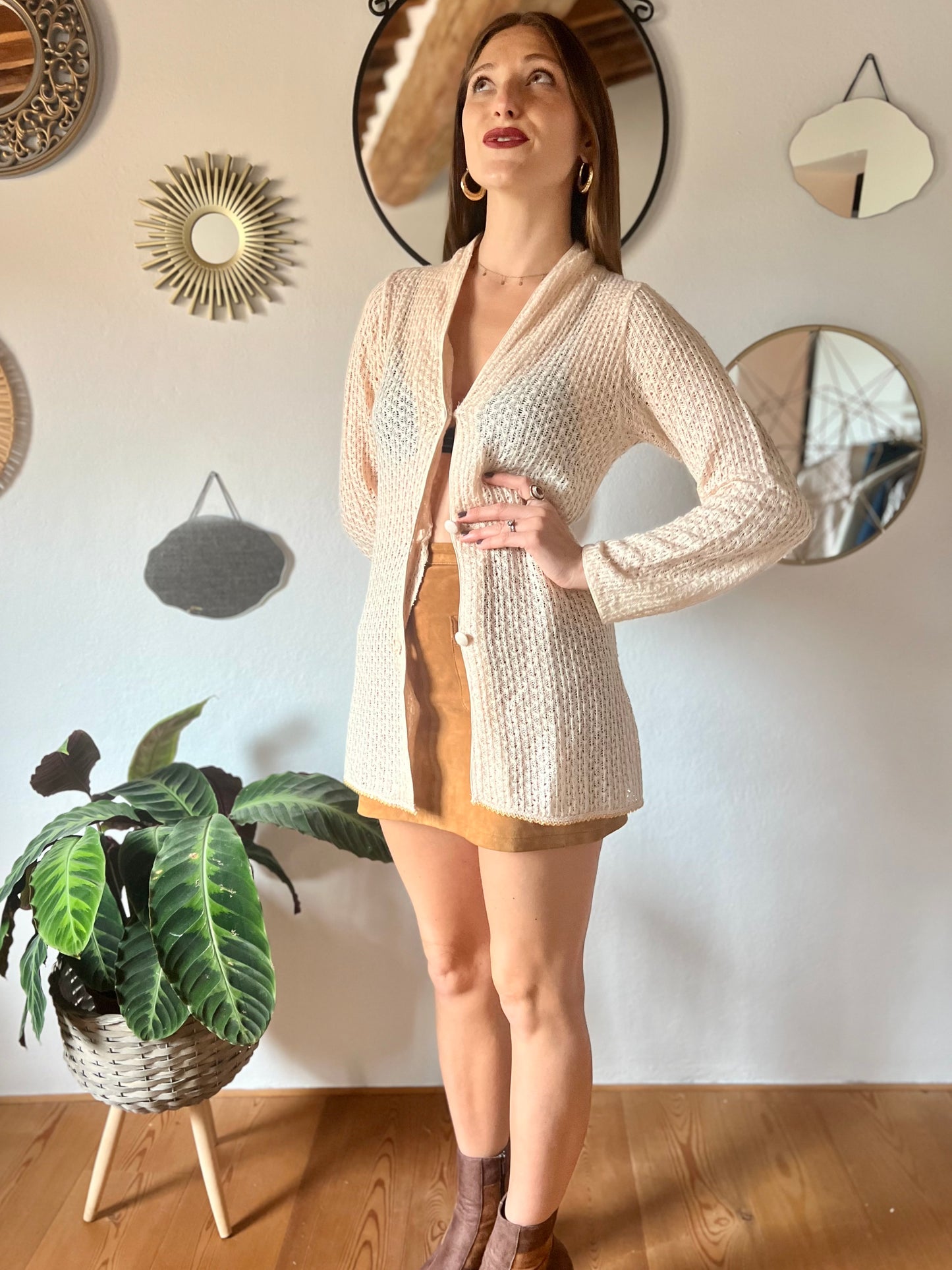 1970's vintage crocheted cream cardigan with sequin trim