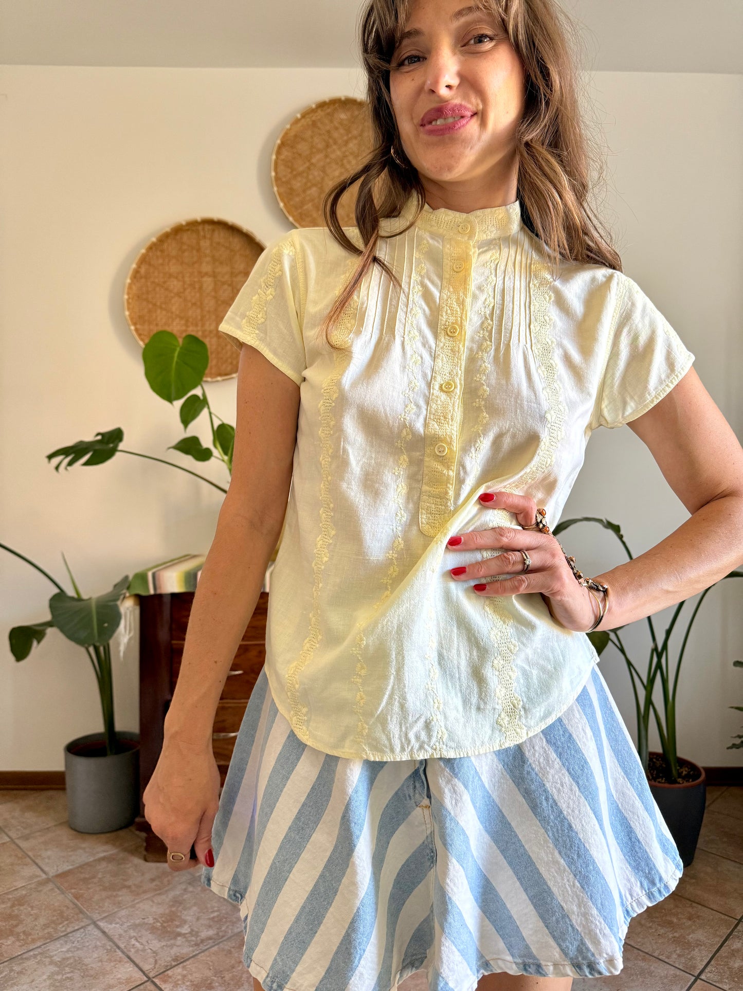 1970's vintage butter yellow floral crochet and embroidered shirt