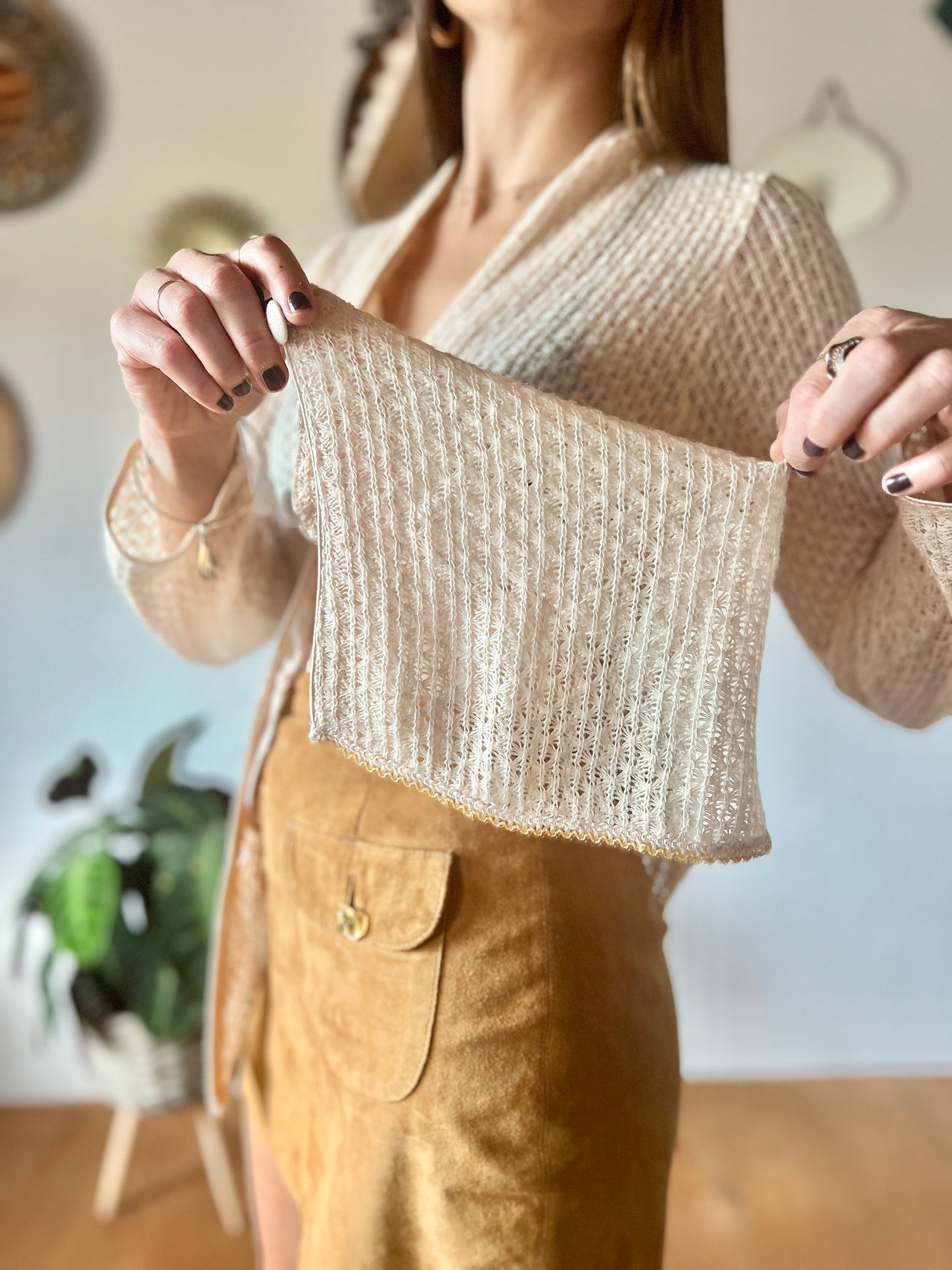 1970's vintage crocheted cream cardigan with sequin trim