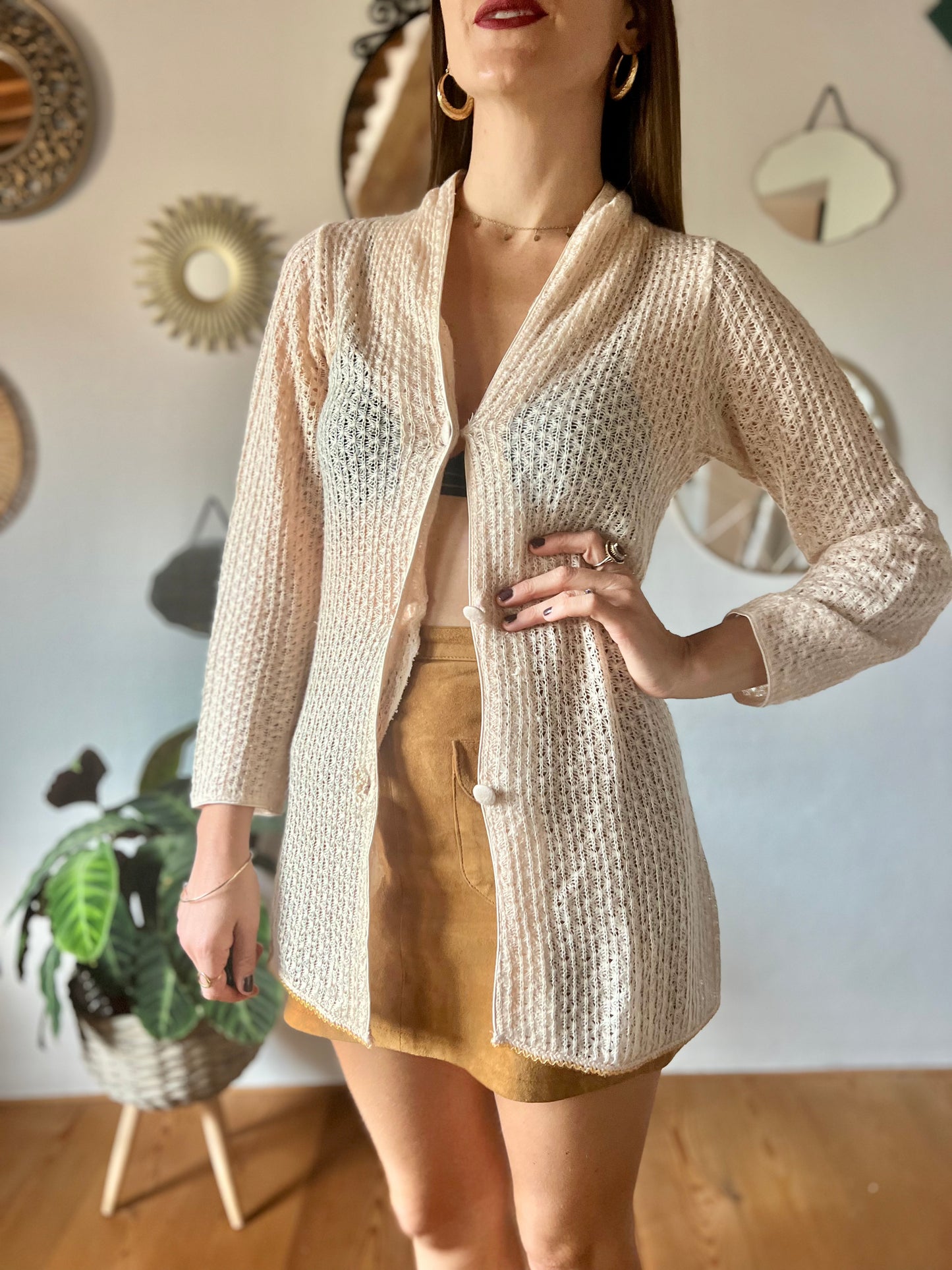 1970's vintage crocheted cream cardigan with sequin trim