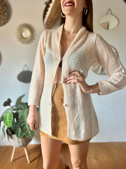 1970's vintage crocheted cream cardigan with sequin trim