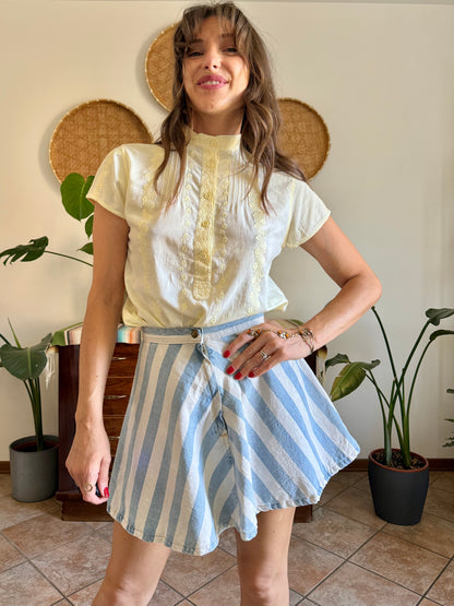 1970's vintage butter yellow floral crochet and embroidered shirt