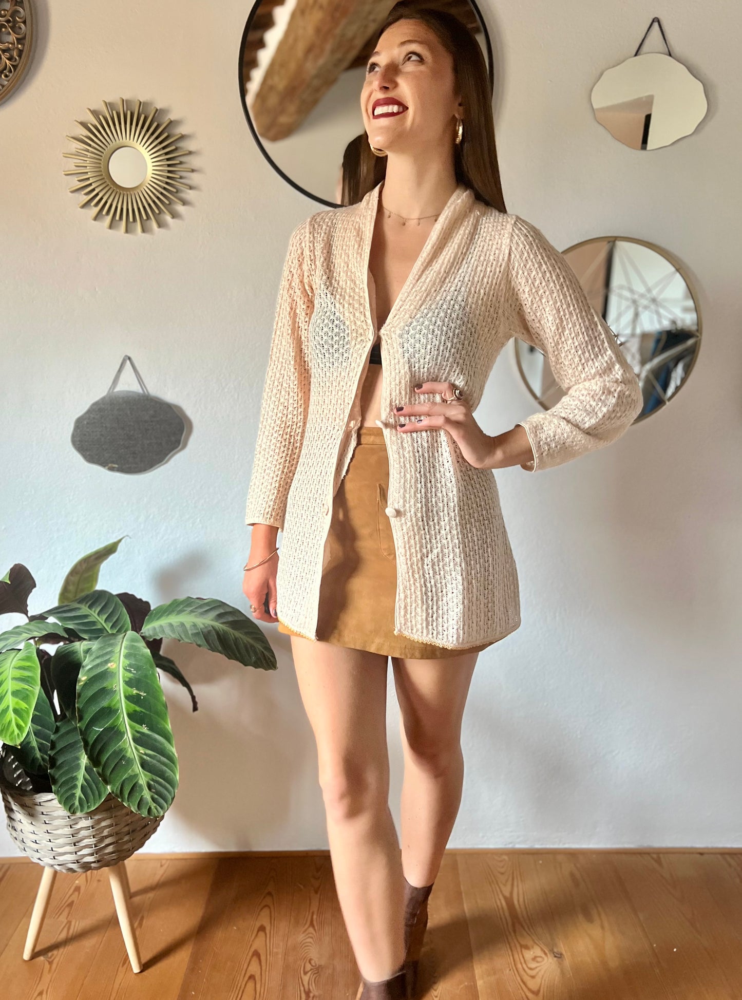 1970's vintage crocheted cream cardigan with sequin trim