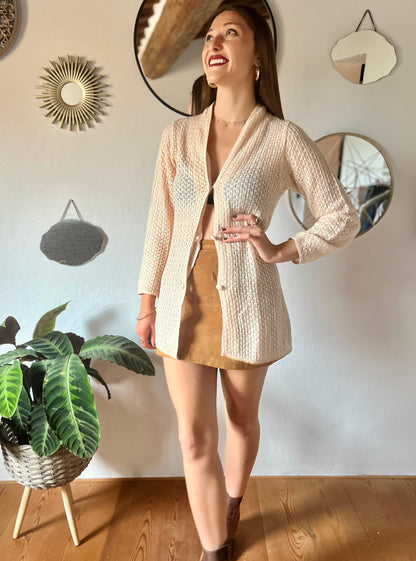 1970's vintage crocheted cream cardigan with sequin trim