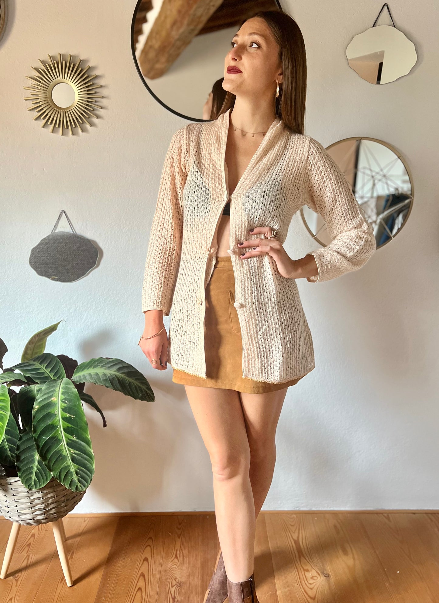 1970's vintage crocheted cream cardigan with sequin trim