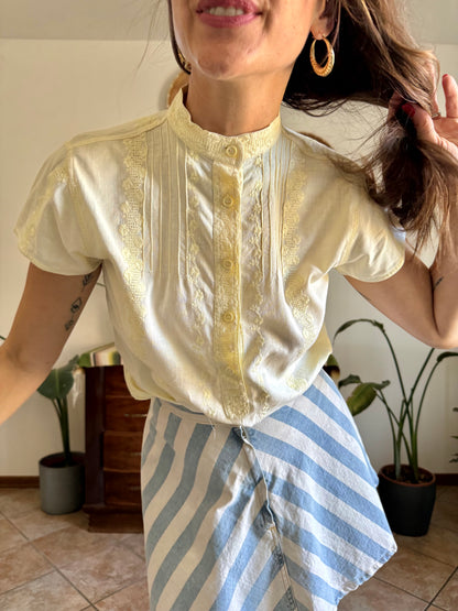 1970's vintage butter yellow floral crochet and embroidered shirt