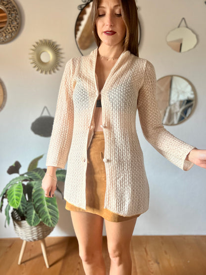 1970's vintage crocheted cream cardigan with sequin trim