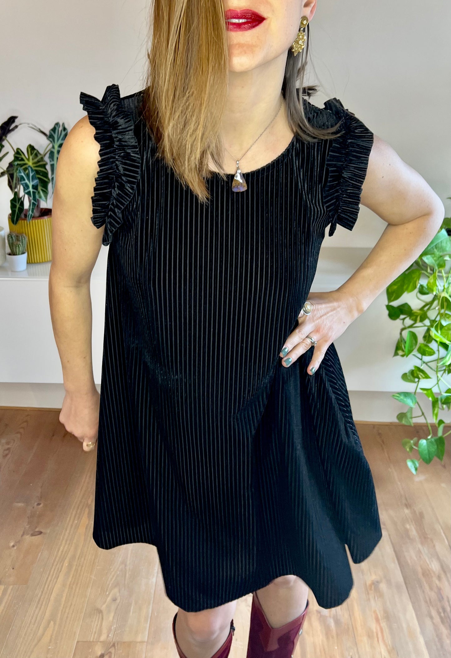 1970's vintage semi sheer stripe black velvet mini dress with ruffle cap sleeves