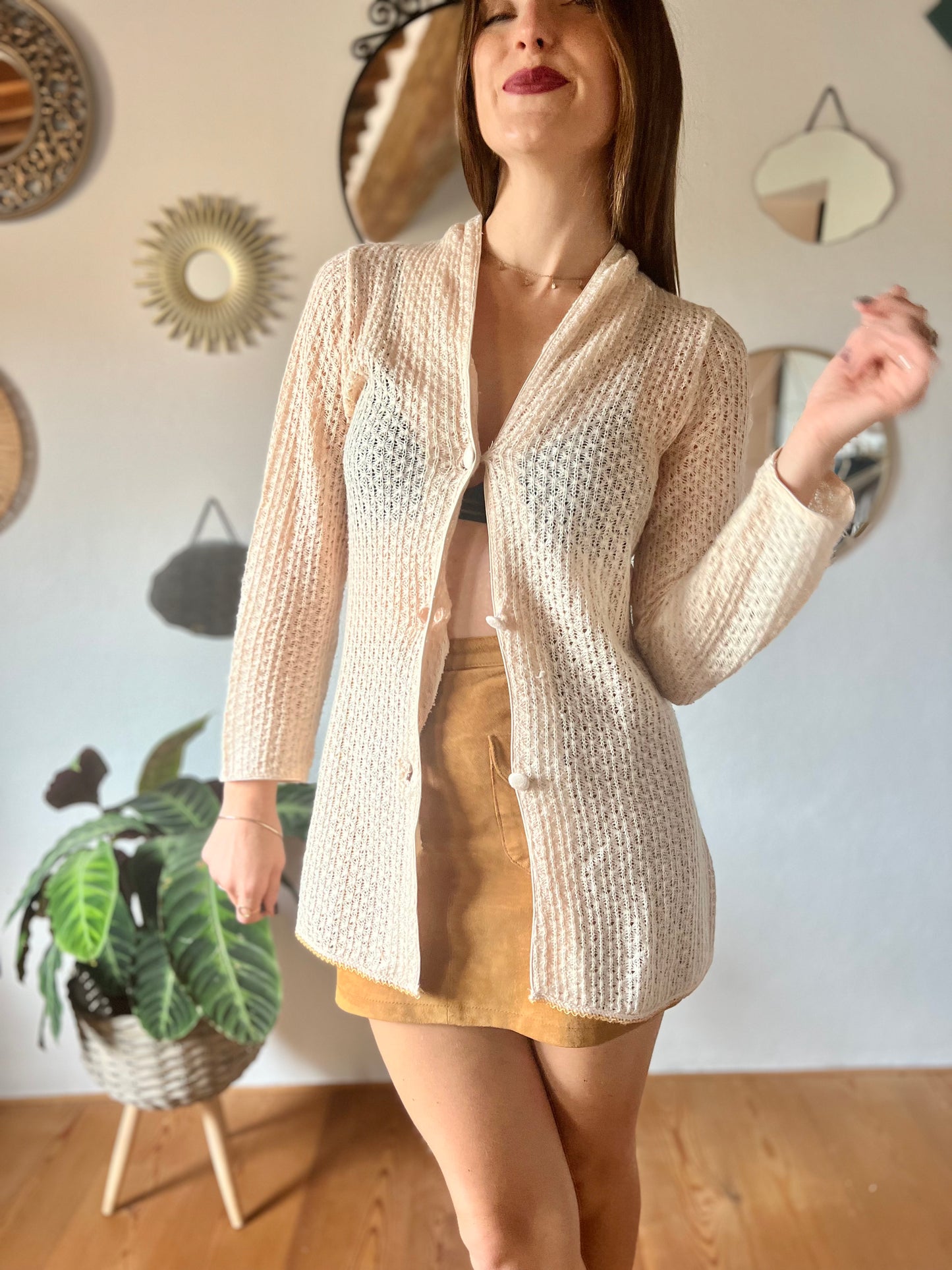 1970's vintage crocheted cream cardigan with sequin trim