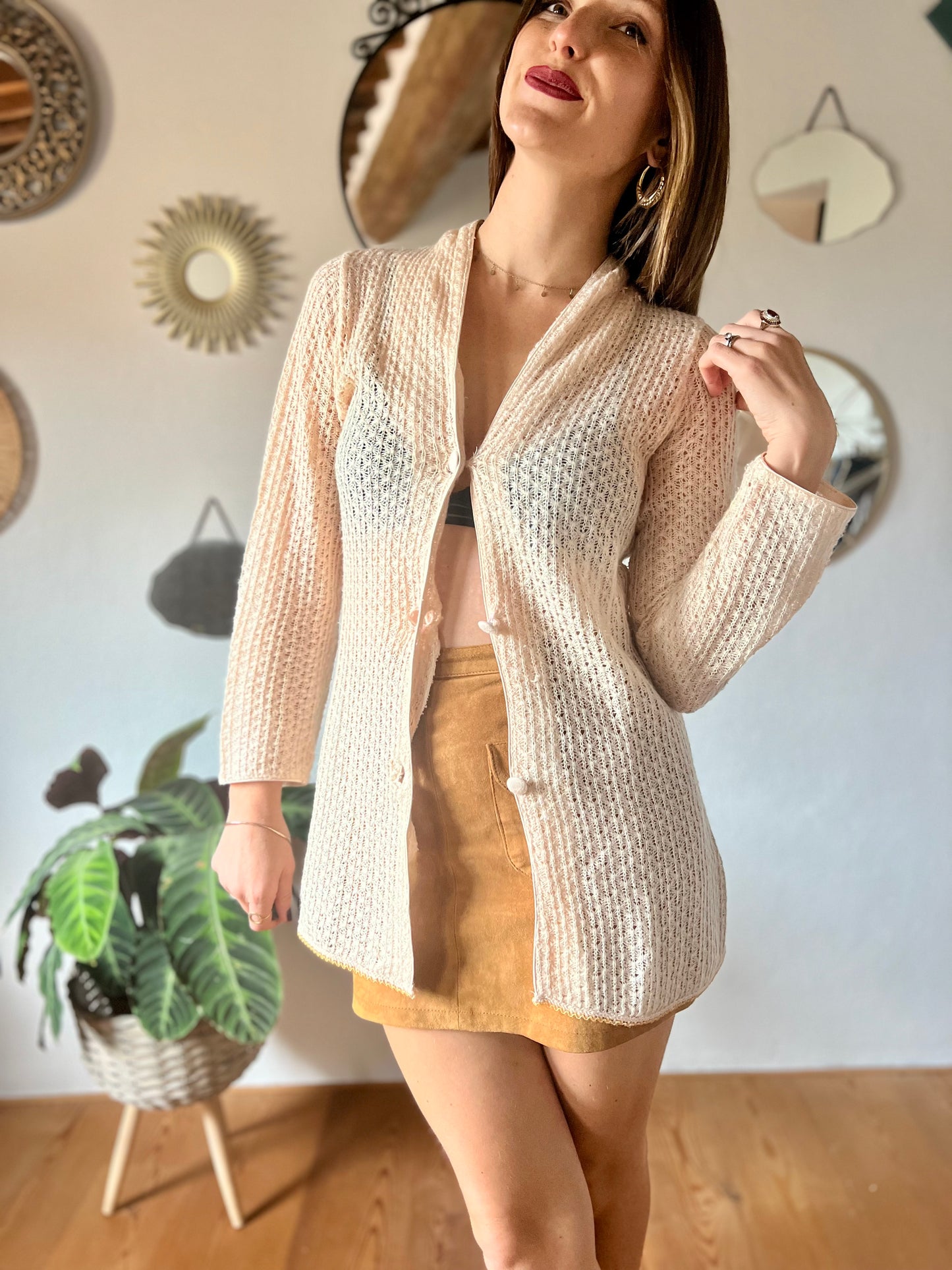 1970's vintage crocheted cream cardigan with sequin trim