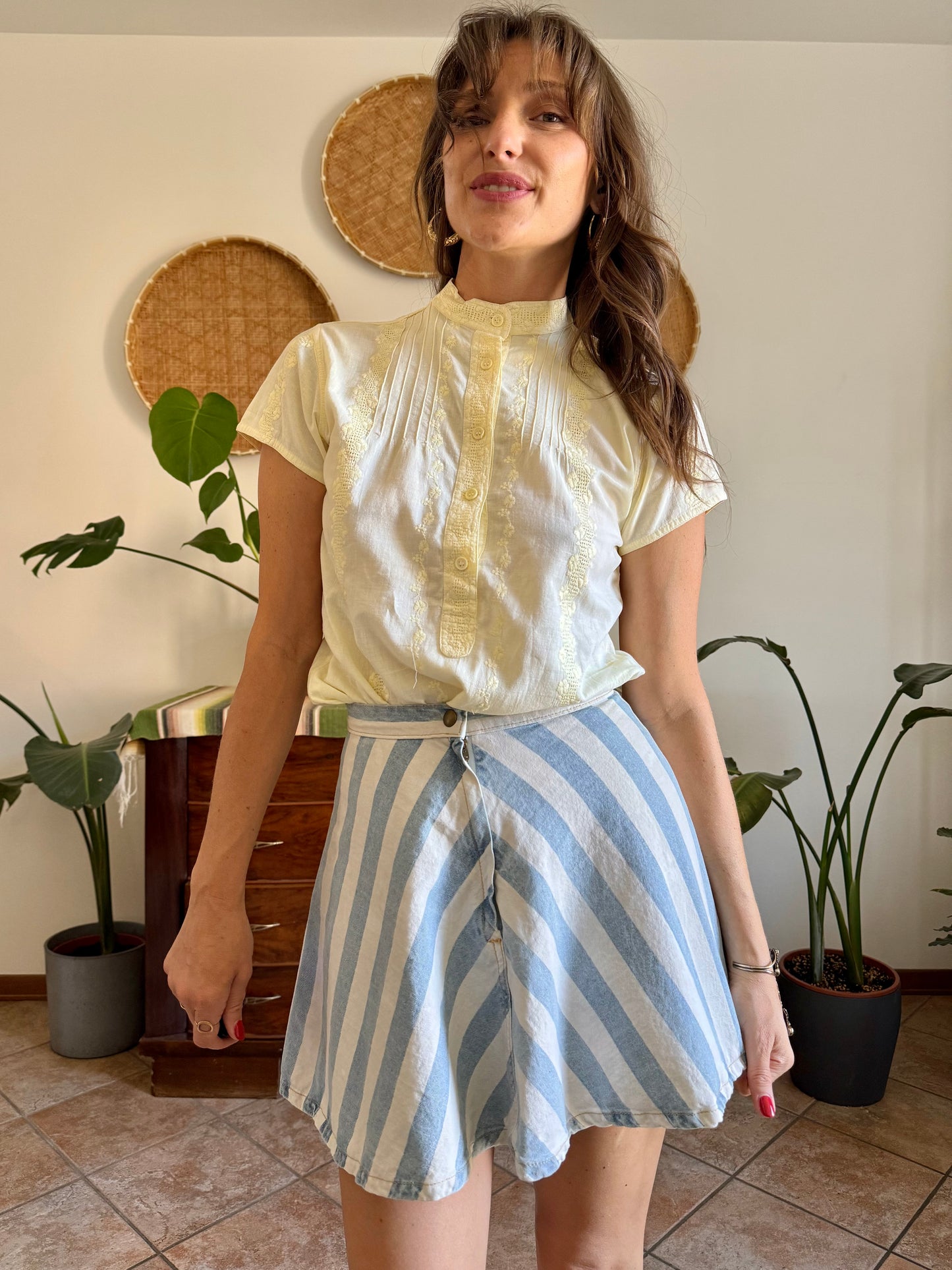 1970's vintage butter yellow floral crochet and embroidered shirt