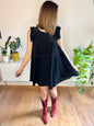 1970's vintage semi sheer stripe black velvet mini dress with ruffle cap sleeves